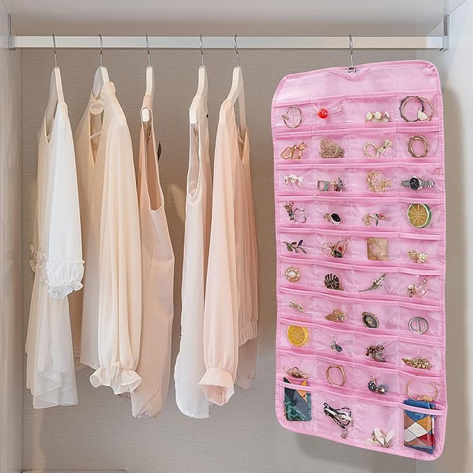 Bloss Hanging Jewelry Organizer, Earring Organizer, Valentine's Day Gift, Double Sided 80 Pocket Jewelry Chain Storage Bag, Jewelry Holder for Necklace Bracelet Earring Ring Chain