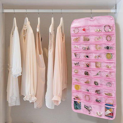 Bloss Hanging Jewelry Organizer, Earring Organizer, Valentine's Day Gift, Double Sided 80 Pocket Jewelry Chain Storage Bag, Jewelry Holder for Necklace Bracelet Earring Ring Chain