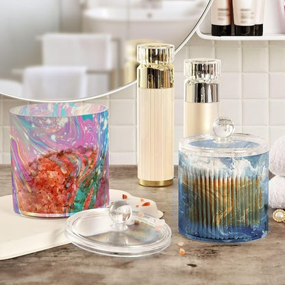2 Pack Qtip Dispenser Apothecary Jars with Lids Cotton Round Holder Bathroom Canisters for Cotton Swab Floss Ball Pads Clear Plastic Decorative Pink Blue Liquid Fluid