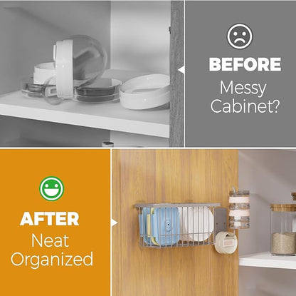 4 Pack Adhesive Cabinet Door Organizer - Tumbler Lid Organizer & Kitchen Storage baskets for Kitchen, Bathroom, Inside Cabinet Door Storage for Cup Lids, Spices, Small Supplies, Space-Saving (Grey)
