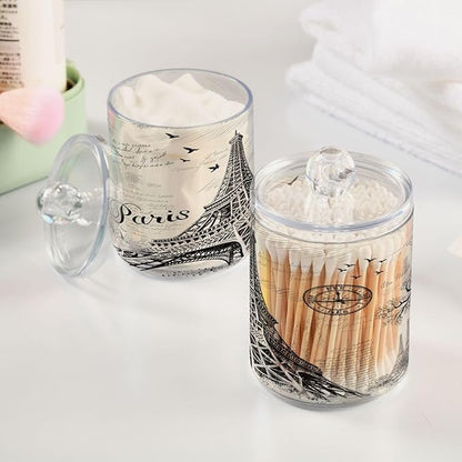 Paris Eiffel Tower Qtip Holder Dispenser 2 PCS Plastic Bathroom Canister Apothecary Jars with Lid 14 oz Vanity Makeup Storage Organizer for Cotton Swabs, Balls, Pads, Floss