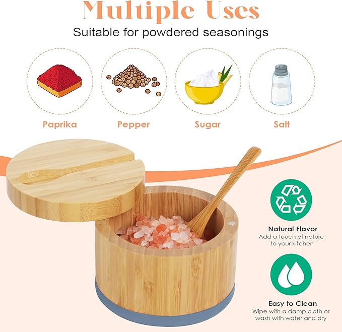 Bamboo Salt Cellar with Lid And Spoon, Grey Salt Box - Easy to Distinguish Spice In The Bowl, Salt Container With Magnetic Swivel Lid For Herbs Or Seasonings