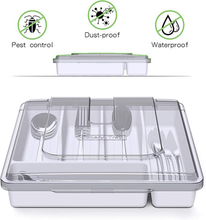 Silverware Organizer with Cover, Portable Cutlery Holder Flatware Tray with Lid Plastic Silverware Storage Box Airtight Black Cutlery Tray with Lid (White)