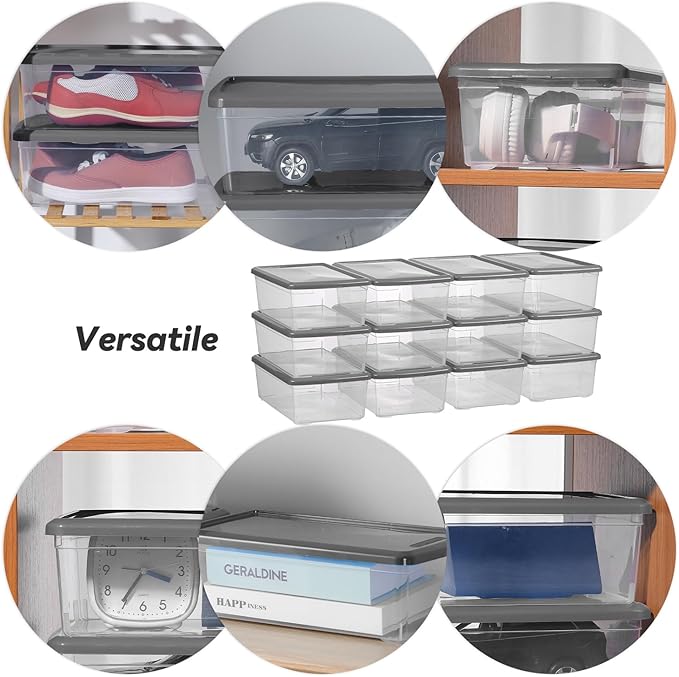6 Quart Latching Storage Box,Plastic Clear Storage Bins With Lids Stackable (Grey, 12 Pack)