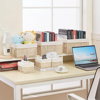 Vagusicc Wicker Storage Baskets, 6 Pack Baskets for Organizing, Wicker Basket with Handle, Rectangular Basket for Storage Shelves, Cube Storage Bins for Closet/Clothes/Dresser, Beige