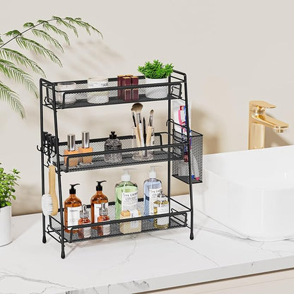 VITVITI 3-Tier Bathroom Organizer Countertop, Metal Wire Mesh Bathroom Counter Organizer Storage with Basket Hooks, Vanity Tray Shelf, Kitchen Spice Rack (Black)