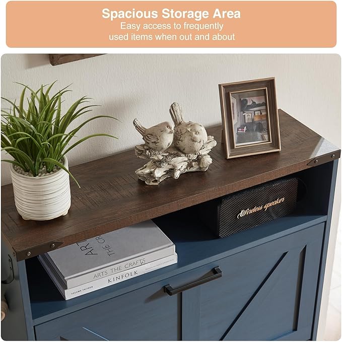 Barnyatoh Shoe Storage Cabinet,Farmhouse Shoe Organizer with 2 Flip Drawers & Barn Door Design,Freestanding Hidden Slim Narrow Shoe Rack Cabinet with Open Storage for Entryway, Foyer,Hallway,Navy Blue