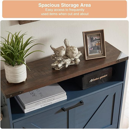 Barnyatoh Shoe Storage Cabinet,Farmhouse Shoe Organizer with 2 Flip Drawers & Barn Door Design,Freestanding Hidden Slim Narrow Shoe Rack Cabinet with Open Storage for Entryway, Foyer,Hallway,Navy Blue