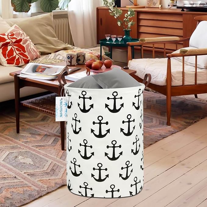 Laundry Basket Canvas Fabric Collapsible Organizer Basket for Storage Bin Toy Bins Gift Baskets Bedroom Clothes Children Nursery Hamper (anchor)