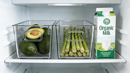 4 Pack Clear Plastic Storage Bins with Handles, Stackable Organizer Containers for Pantry, Fridge, Cabinet, Bathroom, Closet, Under Sink, Kitchen Organization,M