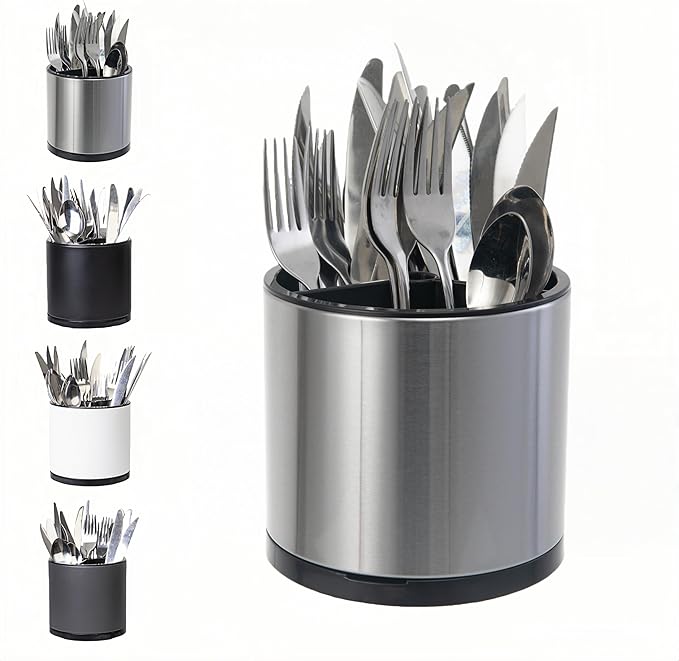 LIBODOUR Utensil Holder, 360°Rotating Kitchen Utensil Holder For Counter,Cooking Silverware Organizer Stainless Steel Caddy Flatware Spoon Spatula Tool Cutlery Container
