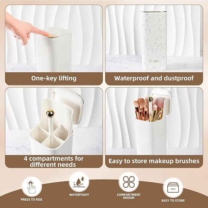Makeup Brush Holder with Lid, Push Pop-Up Makeup Brush Organizer,4 Slots Makeup Cosmetics Organizerfor Vanity Decor, Bathroom Countertop ,Large Capcity, Dustproof,Waterproof | White and Gold