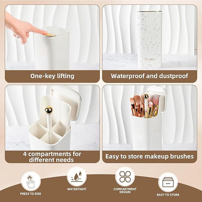 Makeup Brush Holder with Lid, Push Pop-Up Makeup Brush Organizer,4 Slots Makeup Cosmetics Organizerfor Vanity Decor, Bathroom Countertop ,Large Capcity, Dustproof,Waterproof | White and Gold