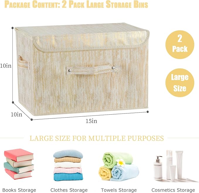 2PCS Decorative Storage Boxes with Lid Luxury Metallic Fabric Storage Bins Organizer Container Collapsible Shelf Basket with Handles for Home Bedroom Closet Office (Gold, Large Size)