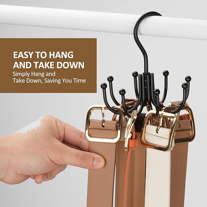 ZEDODIER Belt Hanger, 2 Pack Belt Rack Closet Accessories Organizer, Maximum 24 Storage Capacity, Hanging Holder Storage Hook for Belt, Bra, Tank Top, Tie, Scarf, Purse, Black