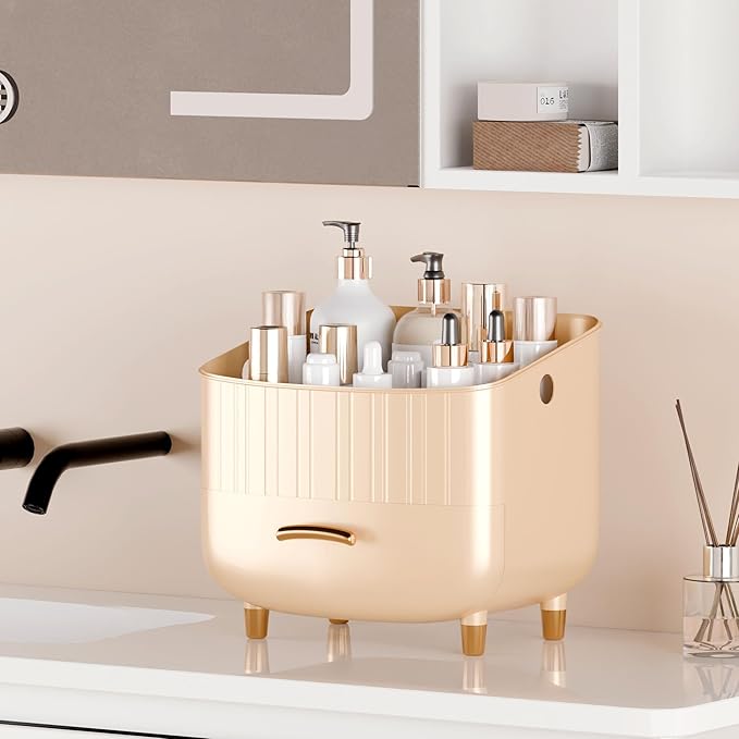 Makeup Organizer Countertop Vanity with Drawers Cosmetic Skincare Bathroom Storage Gift for Women Teens Girls (Beige)