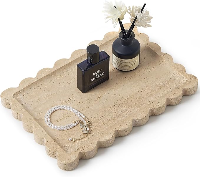 Real Natural Scalloped Travertine Tray for Bathroom, Vanity, Kitchen and Desktop, Decorative Stone Tray for Jewelry, Cosmetics, Candles, Lotion, Perfume and Home Décor (Travertine, 12" x 8")