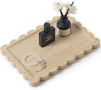 Real Natural Scalloped Travertine Tray for Bathroom, Vanity, Kitchen and Desktop, Decorative Stone Tray for Jewelry, Cosmetics, Candles, Lotion, Perfume and Home Décor (Travertine, 12" x 8")