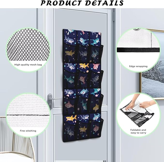 Generic Blue Shark Over The Door Storage Organizer Waterproof Over The Door Storage Organizer Shoes Over Door Storage Organizer with Waterproof Pockets for Bathroom Kitchen