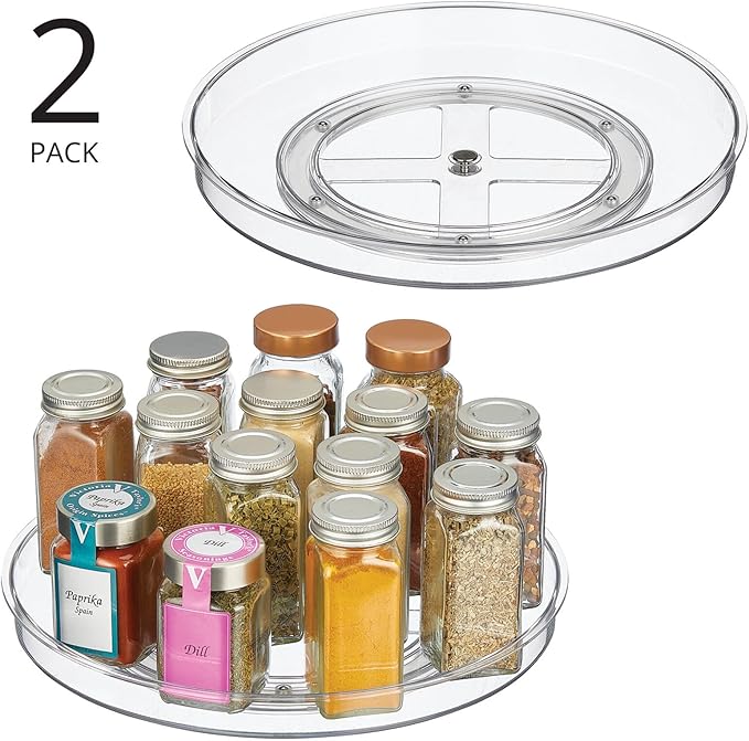 mDesign Lazy Susan Turntable Plastic Spinner for Kitchen/Bathroom, Pantry, Fridge, Cupboards, or Counter Organizing, Fully Rotating Organizer for Food, 11.5" Round - Lumiere Collection - 2 Pack, Clear