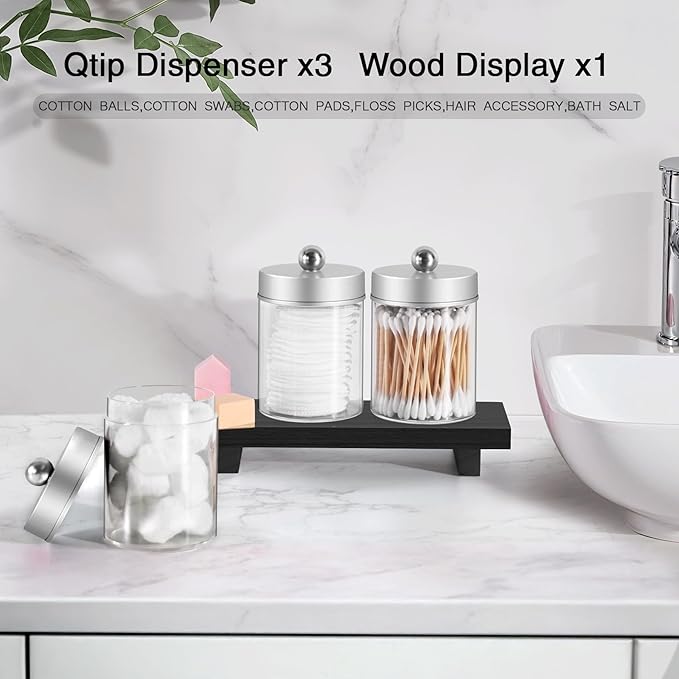 3 Pcs Qtip Holder,Clear Apothecary Jars with Wooden Tray for Cotton Balls,Swabs,Farmhouse Decor Bathroom Vanity Organizers Accessories for Makeup Brushes,Lipstick Storage (Silver)