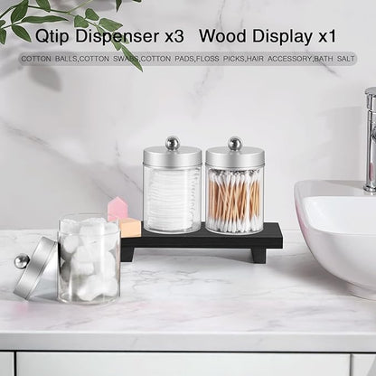 3 Pcs Qtip Holder,Clear Apothecary Jars with Wooden Tray for Cotton Balls,Swabs,Farmhouse Decor Bathroom Vanity Organizers Accessories for Makeup Brushes,Lipstick Storage (Silver)