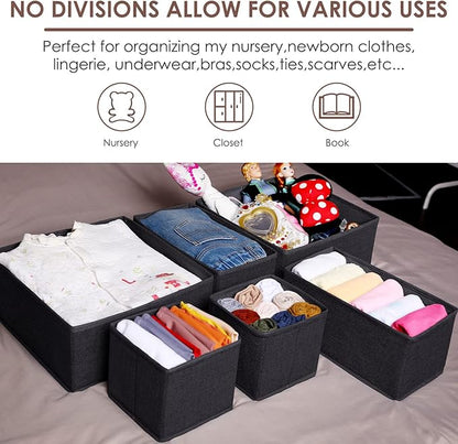 Criusia 6 Pack Clothes Drawer Organizer Dividers, Fabric Foldable Closet Dresser Drawer Organizer for Clothing, Bra Sock Underwear Drawer Organizer for Nursery Bedroom Organization (6 Bins, Black)
