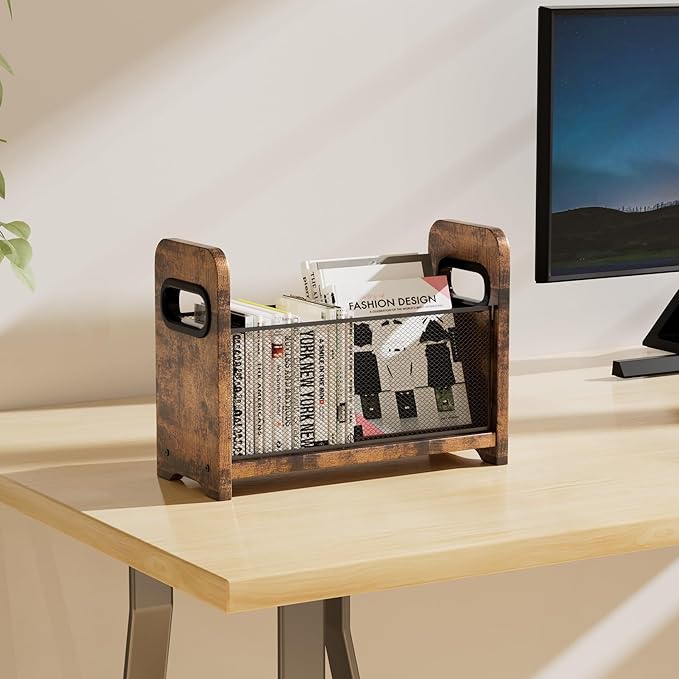 Wood Magazine Holder & Rack - Retro Brown Mesh Storage Basket for Books, Newspapers, Files - Desk/Floor Organizer