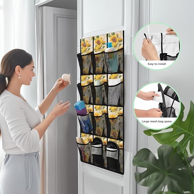 Sunflower Over the Door Shoe Organizer 12 Large Mesh Pockets Sturdy Oxford Shoe Storage Organizer Hanging Shoe Rack for Closet