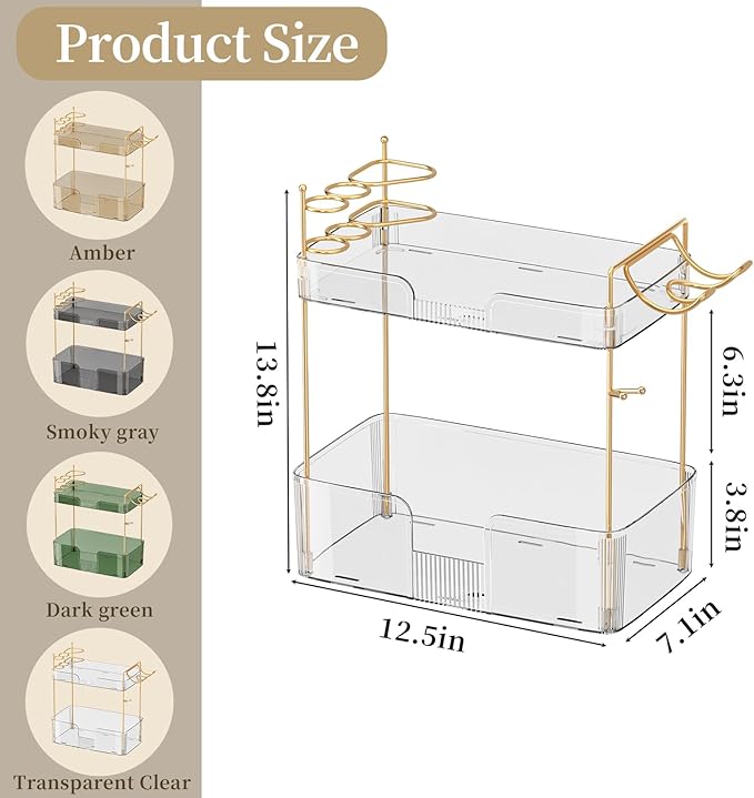 shuang qing 2 Tier Bathroom Counter Organizer with Hair Dryer Holder, Hair Tool Countertop Storage, Cosmetics Skincare Shelf Organizer, Makeup Organizer Perfume for Dresser Vanity Tray - White