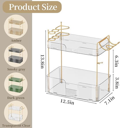 shuang qing 2 Tier Bathroom Counter Organizer with Hair Dryer Holder, Hair Tool Countertop Storage, Cosmetics Skincare Shelf Organizer, Makeup Organizer Perfume for Dresser Vanity Tray - White