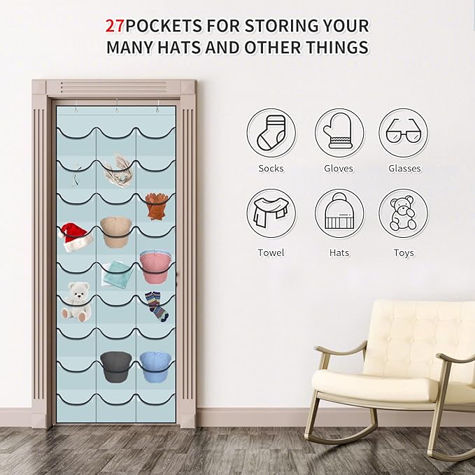 Hat Rack for Baseball Caps, 27 Pockets Over The Door Baseball Hat Organizer, Fitted Hat Storage for Closet Wall Mount Bag With Large Pockets & 3 Hooks, Hat Holder Hanger Organization to Display Caps