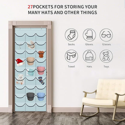 Hat Rack for Baseball Caps, 27 Pockets Over The Door Baseball Hat Organizer, Fitted Hat Storage for Closet Wall Mount Bag With Large Pockets & 3 Hooks, Hat Holder Hanger Organization to Display Caps