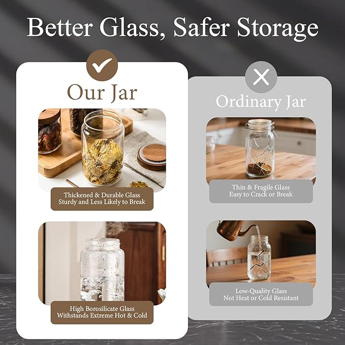 Glass Jars with Airtight Wood Lids - 57 OZ Large Tall Kitchen Pantry Storage Containers, Decorative Canister for Pasta, Spaghetti, Fusilli, Noodles, Coffee Beans, Oats, Cereal, Tea, Nuts, Set of 2