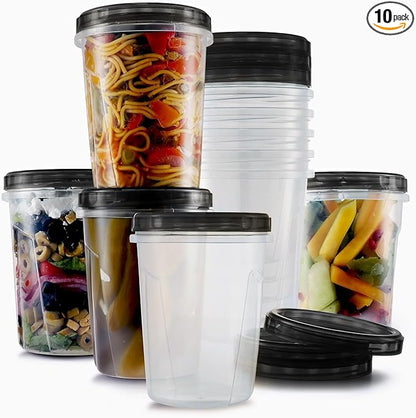 Tafura 10 Pack Leakproof Freezer Containers for Food with Twist Top Lids - 32 Oz BPA Free Reusable Plastic Soup Containers with Screw On Lids - Ideal for Meal Prep, Organization - Midnight Black Lid