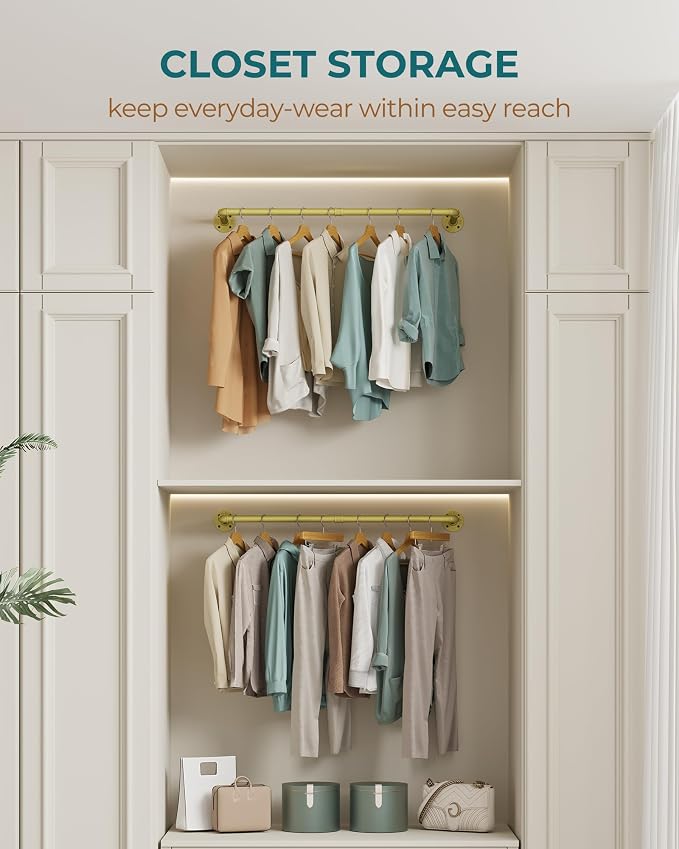 OROPY Industrial Pipe Clothes Rack Wall Mounted Set of 2, 38.4 inches Heavy Duty Iron Pipe Clothing Garment Rail, Multi-Purpose Clothing Hanging Rod for Laundry Room and Closet Storage, Gold