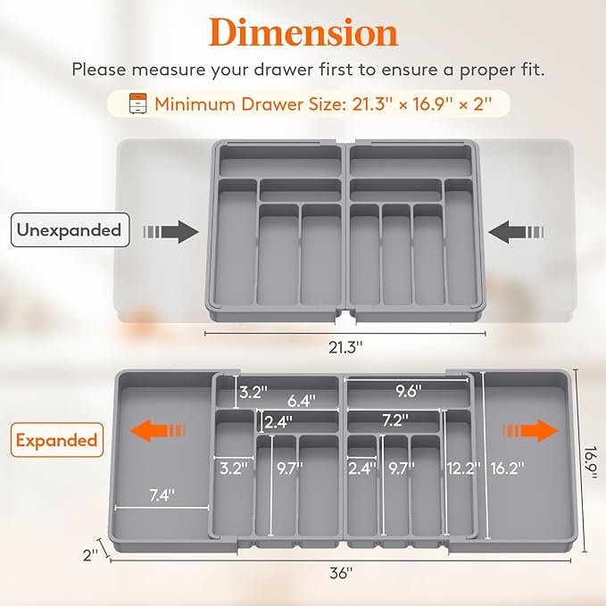 Lifewit Silverware Drawer Organizer, Expandable BPA Free Plastic Utensil Tray for Kitchen, Adjustable Flatware Cutlery Holder for Spoons Forks Knives, 21.3- 36 x 16.9", Gray