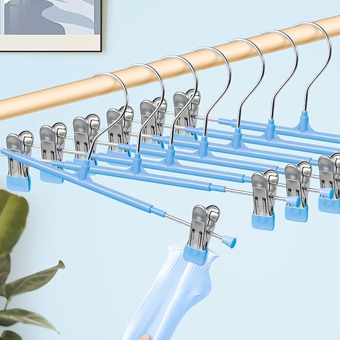 HUADYMEET 30 Pack 14Inch Pants Hangers with Clips,Metal Trouser Hanger for Jeans.Space Saving Skirt Hangers Heavy Duty Non-Slip Adjustable Clothes Shorts Hanger for Women,Men,Sky Blue
