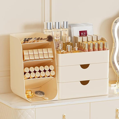 Makeup Organizer with Drawers, Large Capacity Countertop Organizer for Vanity, Bathroom and Bedroom Desk Cosmetics Organizer, Easy To Storage Skincare,Brushes, Eyeshadow,Lipstick (Cream)
