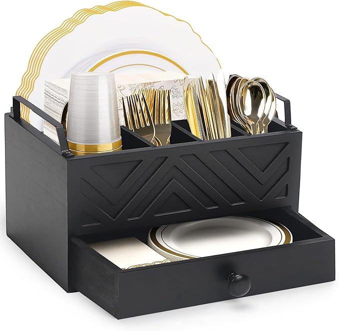 Paper Plate Dispenser with Drawer, country style Wood Kitchen Counter, Picnic, Party, Camping - Caddy Organizer for Cups, Spoons, Forks, Plates, office supplies, Napkins & Silverware（Black）