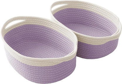 JMvicyroam Woven Basket,Small Rope Storage Bin with Handles & Ribbon Bag, Organizer for Shelves Closets,Gift Basket Empty for Birthday,Books,Dog Toys, White&Purple/2 Pack
