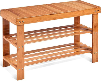 GOFLAME Shoe Bench Rack, 2-Tier Bamboo Seat Storage Shelf, Free Standing Shoe Storage Bench with Stylish and Modern Design, Shoe Organizer for Décor Entryway, Hallway, Living Room, Bathroom (Natural)