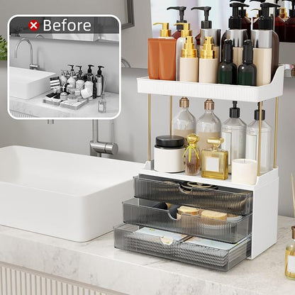 StorBin Strong 3 Drawers Bathroom Counter Organizer, 5 Tier Makeup Organizer, Versatile Perfume Organizer, Ideal for Bathroom Storage, Vanity, Large Skincare, Perfume, Present, Grey