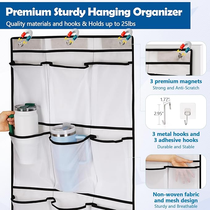 Over The Door Cruise Ship Organizer - Cruise Ship Magnetic Door Organizer with 15 Size-Graded Pockets, Hanging Magnetic Cruise Storage Shoe Rack for Cabin, 2025 Cruise Essential, 9 Hooks(White)