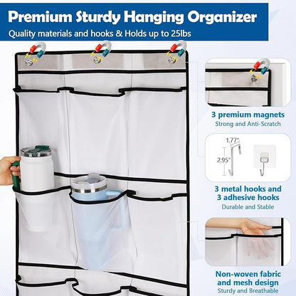 Over The Door Cruise Ship Organizer - Cruise Ship Magnetic Door Organizer with 15 Size-Graded Pockets, Hanging Magnetic Cruise Storage Shoe Rack for Cabin, 2025 Cruise Essential, 9 Hooks(White)