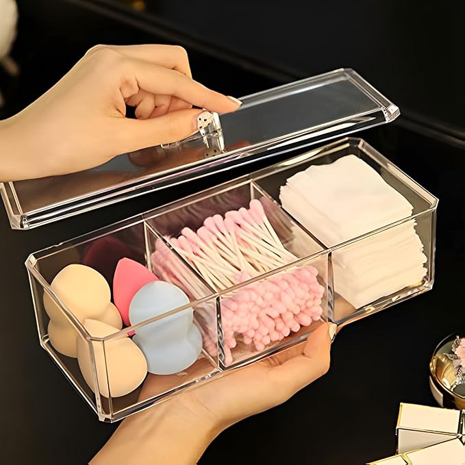 Sooyee Qtip Holder Rectangle Cotton Ball and Swab Holder Organizer with Lid, Dustproof,Waterproof,Clear Acrylic 3 Compartment Cotton Pad Container for Cotton Swabs, Make Up Pads, Cosmetics