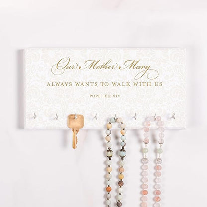 THE CATHOLIC COMPANY Pope Leo XIV Mother Mary Rosary Rack – Wooden Wall Organizer with 8 Hooks, Inspirational Quote, Catholic Home Decor for Rosary Storage