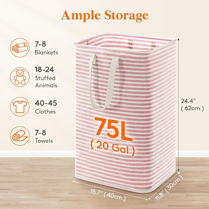 Lifewit 75L Large Collapsible Laundry Hamper, Tall Foldable Dirty Clothes Baskets Waterproof, Freestanding Design with Easy Carry Handles in Dorm Bedroom Bathroom College, Pink