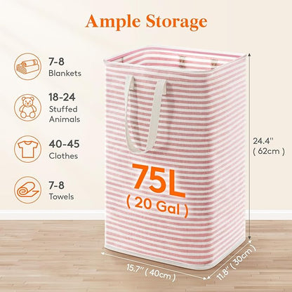 Lifewit 75L Large Collapsible Laundry Hamper, Tall Foldable Dirty Clothes Baskets Waterproof, Freestanding Design with Easy Carry Handles in Dorm Bedroom Bathroom College, Pink