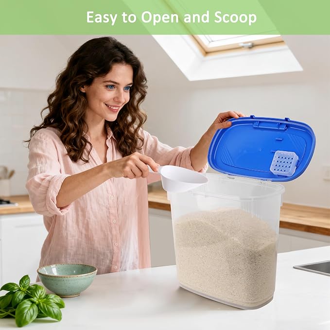 Large Rice Storage Container 30 Lbs with Wheel - Airtight Flour Food Container 15 Lbs with Lid, Scoop, Cup - Plastic Food Storage Bin for Cereal, Sugar, Beans, Dog, Cat, Pet Foods